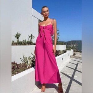 Commense Pink Wide Leg Jumpsuit Feminine Cut Out Front Tie Bohemian Party